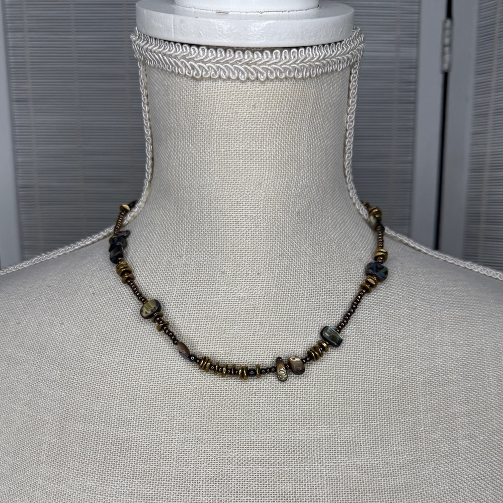 Silpada Necklace Abalone Shell Brass Beads Sterling Clasp Adjustable Boho
